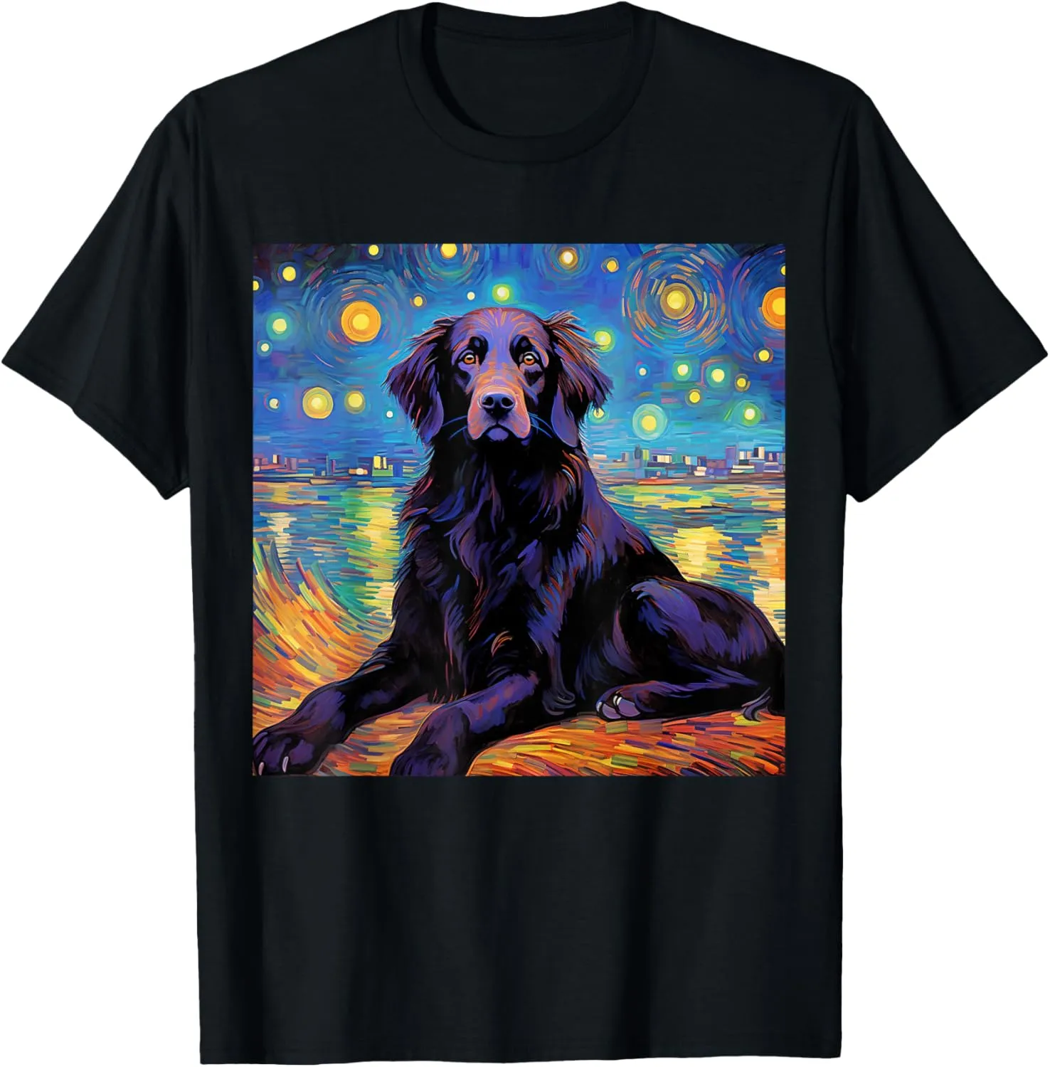 Surreal Starry Night Flat-Coated Retriever Dog T-Shirt