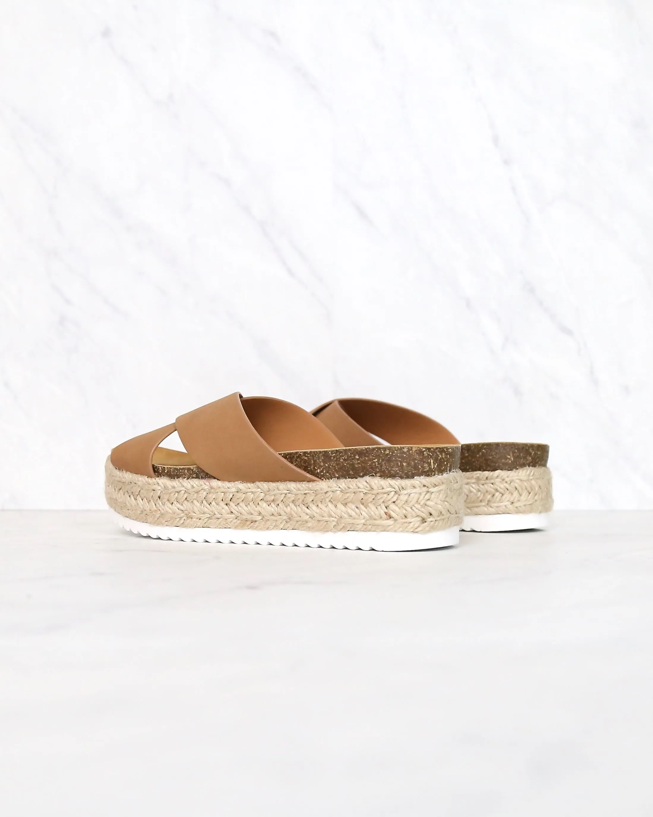 Tan Criss Cross Platform Slip On Sandals