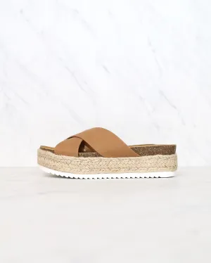 Tan Criss Cross Platform Slip On Sandals