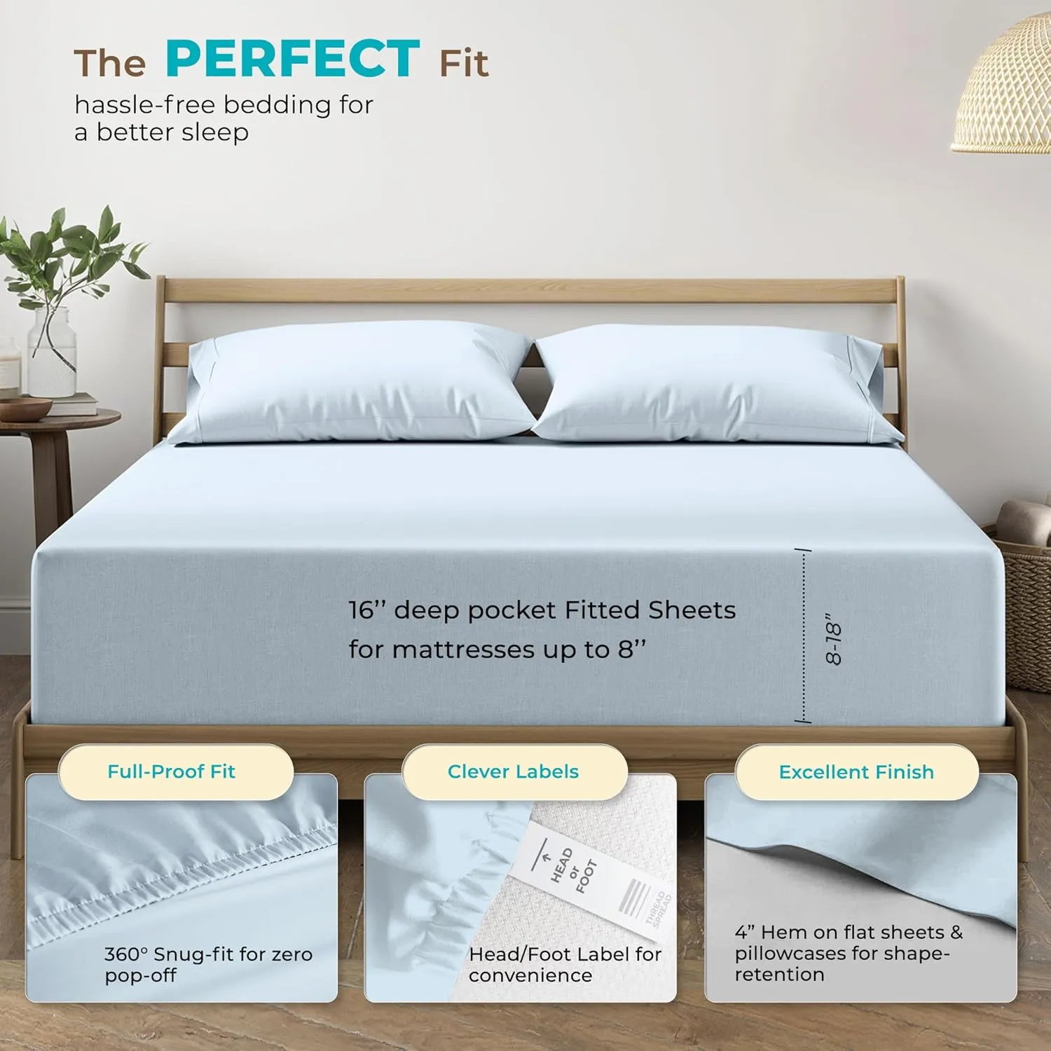 THREAD SPREAD 100% Egyptian Cotton Split King Sheets Sets for Adjustable Bed - 800 Thread Count 5 PC Top Split King Sheet for Sleep Number Bed, Soft Cooling Sheets, Fits Mattress upto 18" - Light Blue