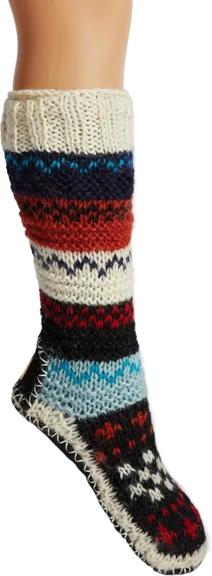 Tibetan Socks Hand Knit Wool Fleece Lined Long Slipper Socks with Non Slip Soles