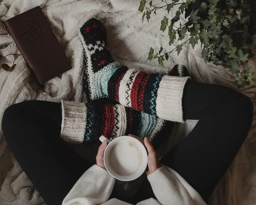 Tibetan Socks Hand Knit Wool Fleece Lined Long Slipper Socks with Non Slip Soles