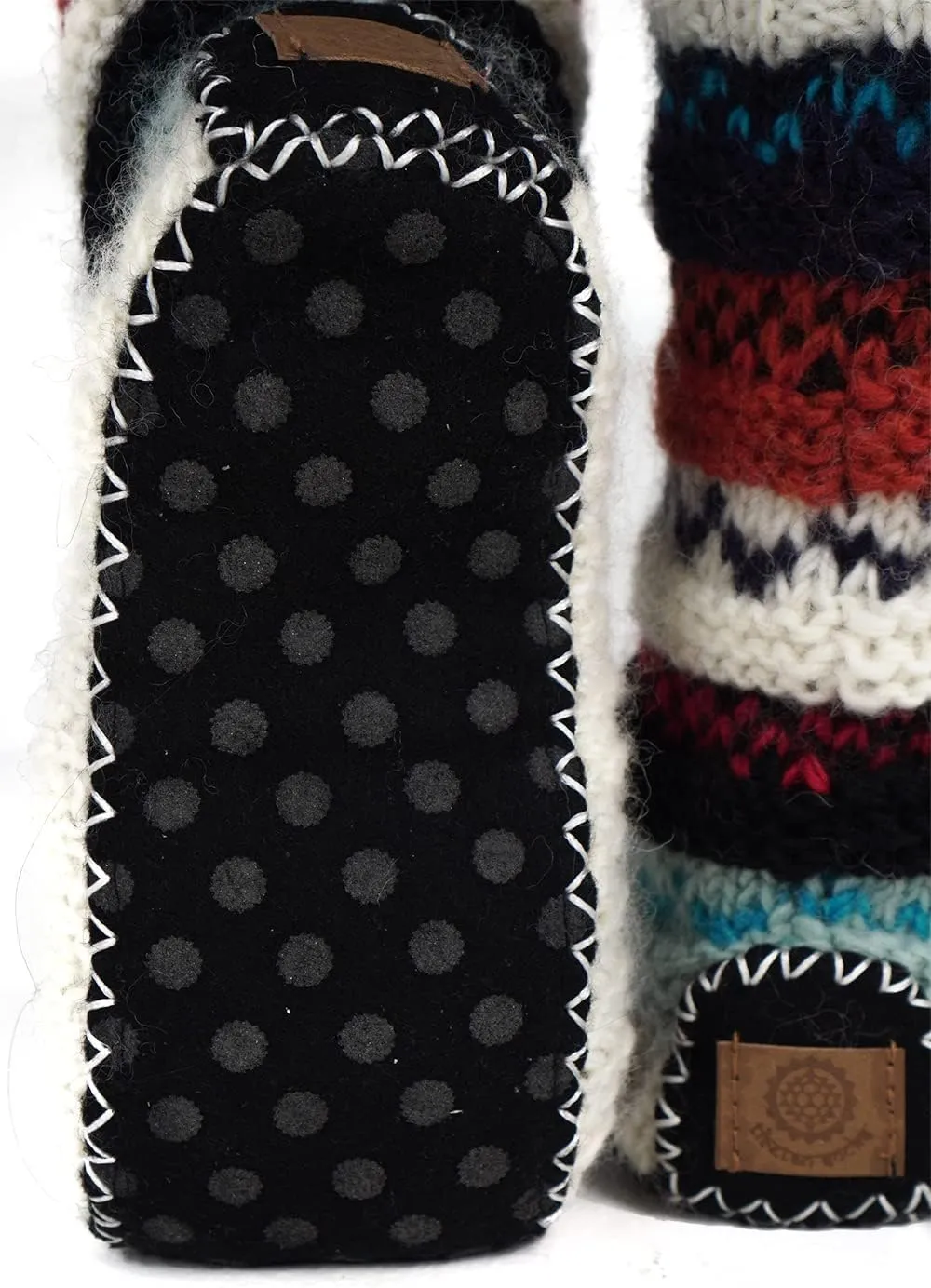 Tibetan Socks Hand Knit Wool Fleece Lined Long Slipper Socks with Non Slip Soles
