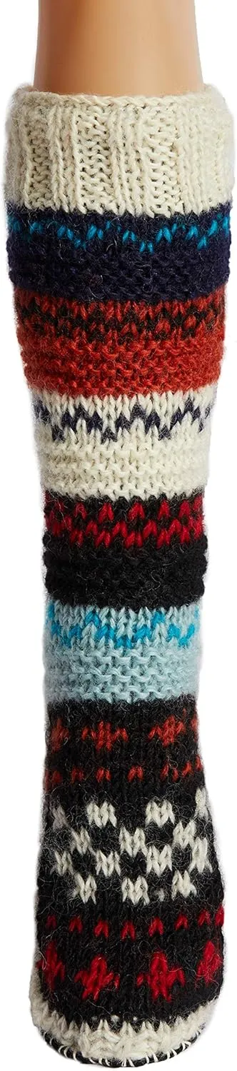 Tibetan Socks Hand Knit Wool Fleece Lined Long Slipper Socks with Non Slip Soles