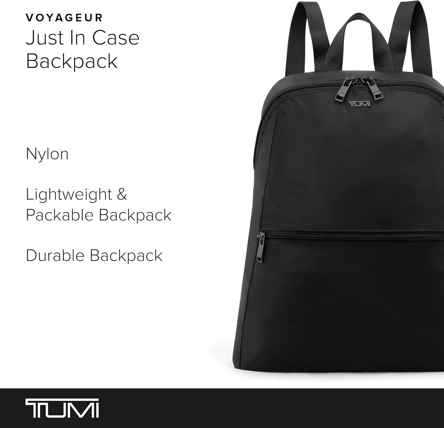 TUMI - Just In Case Foldable Backpack - Lightweight, Compact Travel Backpack - For One Bag Travel - 15.5" X 12.3" X 4.5" - Black with Gunmetal Hardware
