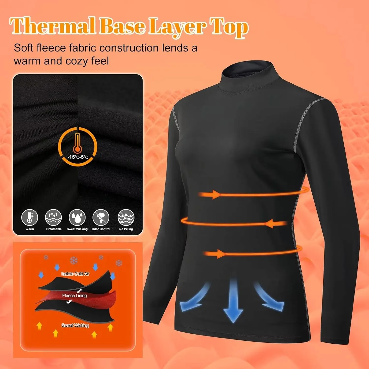 Turtleneck Base Layer for Skiing Hiking Women Cold Weather Fleece Thermal Shirt for Workout Running High Wicking