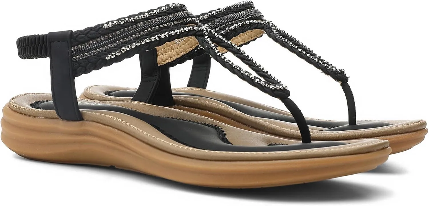 UBFEN Womens Bohemian Flat Sandals With Back Strap Summer Beach Comfortable Bling