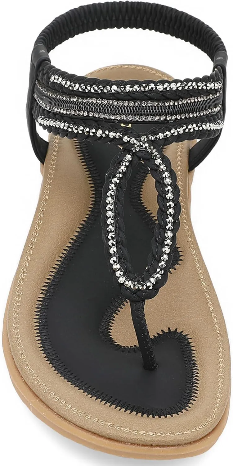 UBFEN Womens Bohemian Flat Sandals With Back Strap Summer Beach Comfortable Bling