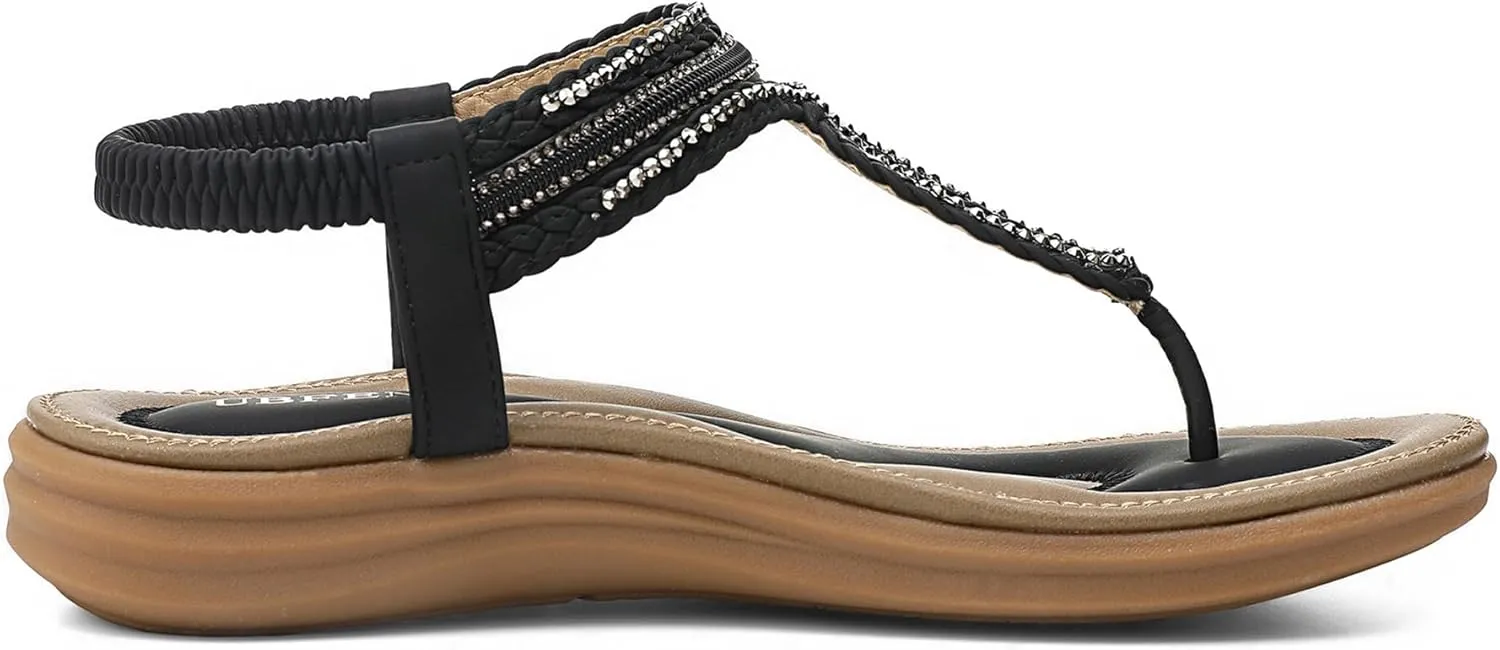 UBFEN Womens Bohemian Flat Sandals With Back Strap Summer Beach Comfortable Bling