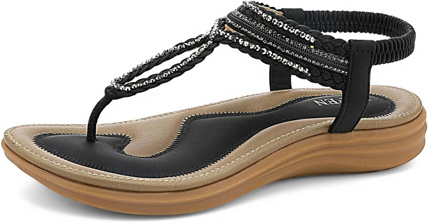 UBFEN Womens Bohemian Flat Sandals With Back Strap Summer Beach Comfortable Bling
