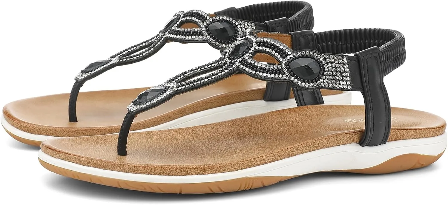 UBFEN Womens Flat Sandals Rhinestone Thong Sandals with Elastic Ankle Strap Dressy Comfortable Lightweight Summer Shoes