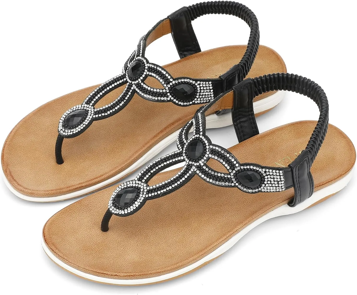UBFEN Womens Flat Sandals Rhinestone Thong Sandals with Elastic Ankle Strap Dressy Comfortable Lightweight Summer Shoes