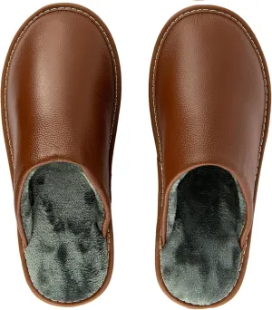 Unisex House Slippers, Genuine Leather Solid Color Minimalist Indoor Slippers, Soft Warm Flannel Lining, Lightweight Comfortable Flexible Anti-Slip Rubber Sole
