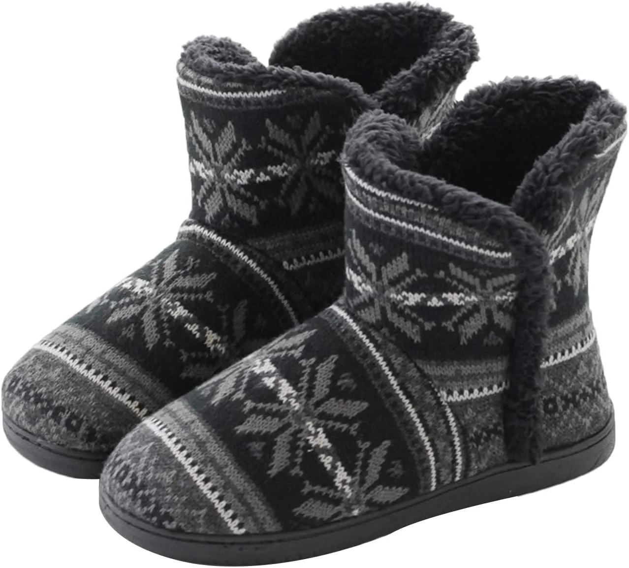 Unisex Knit Plush Slipper Boots Indoor Outdoor Thermal Ankle Bootie for Mens Women Foot Warmer Shoes Cotton Fleece Lining Winter Slipper Anti-Slip Sole Booties