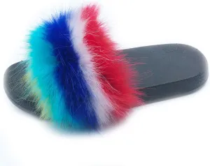 Unpafcxddyig Women Faux Fox Fur Slippers Feather Vegan Leather Open Toe Slip On Sandals