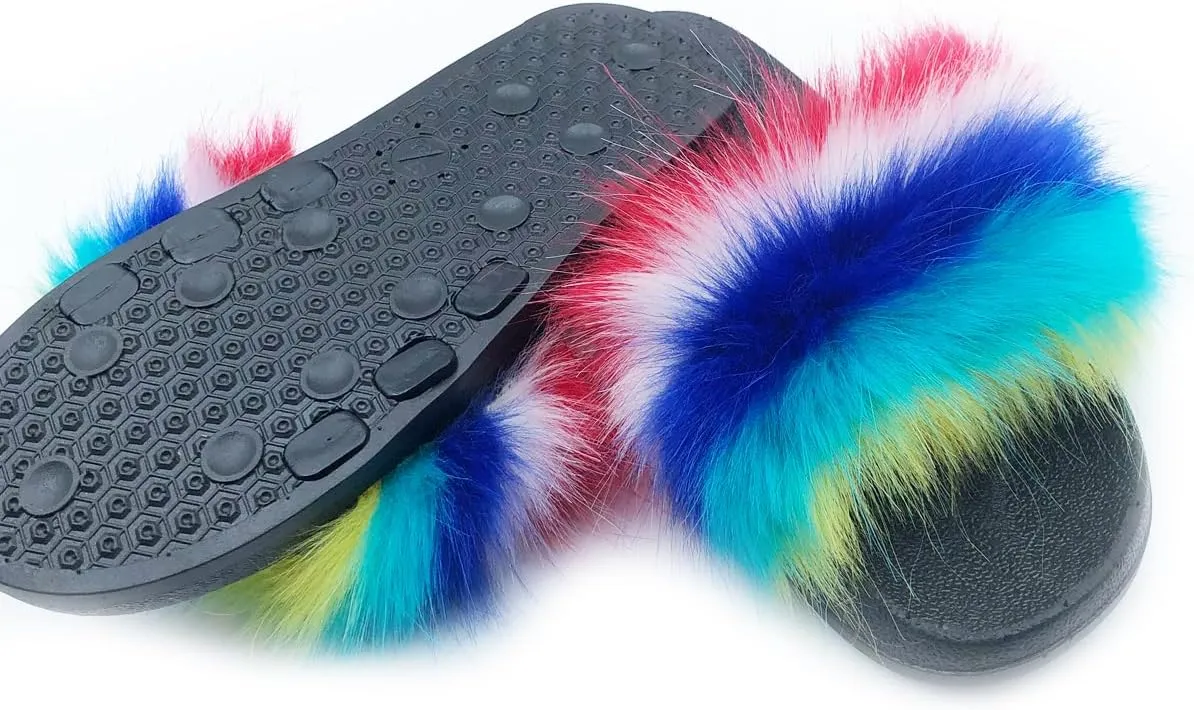 Unpafcxddyig Women Faux Fox Fur Slippers Feather Vegan Leather Open Toe Slip On Sandals