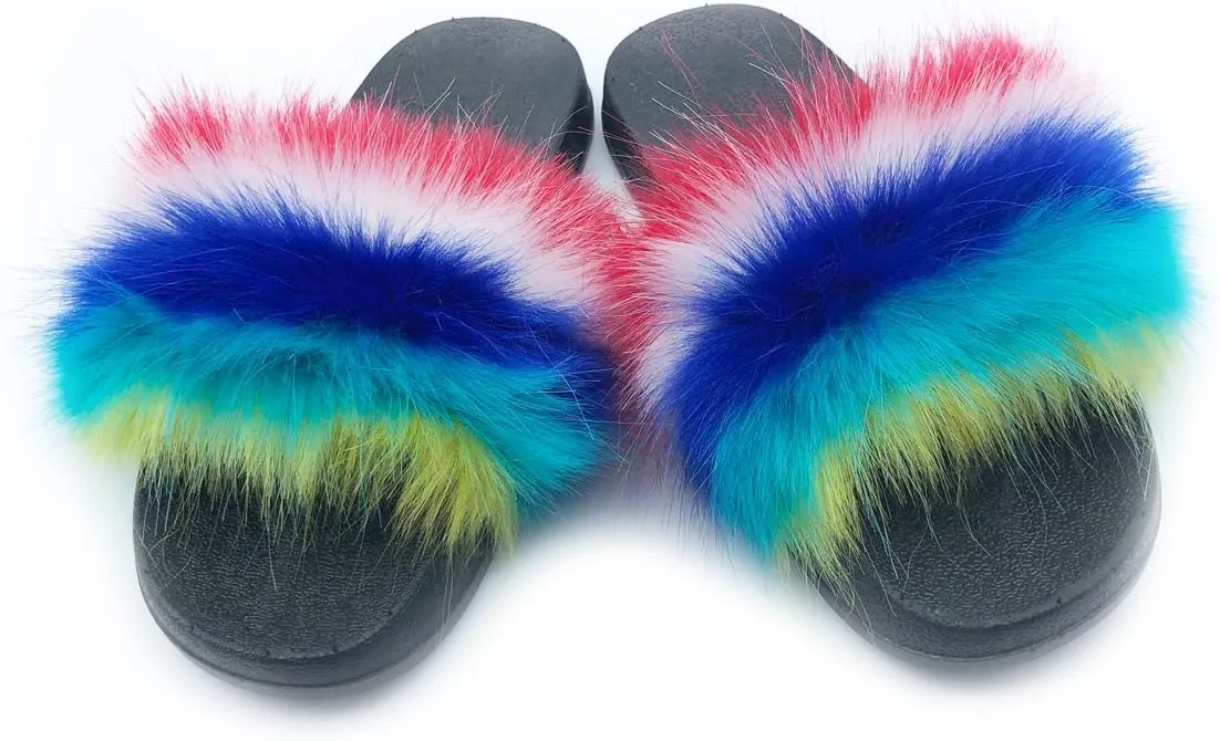Unpafcxddyig Women Faux Fox Fur Slippers Feather Vegan Leather Open Toe Slip On Sandals