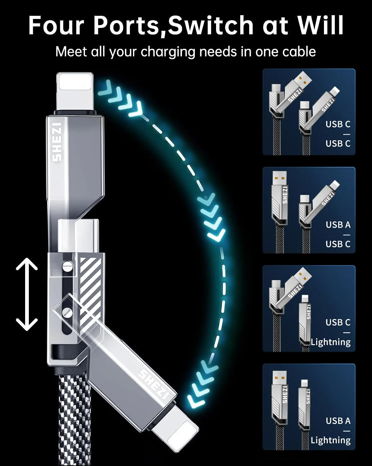 [Upgraded 2.0] SHEZI 4-in-1 USB C Cable 60W 5FT Lightning Cable MFI Certified [Fast Charging & Data Sync] Flat Braided Multi Charger Cord Combo with Lightning/USB C/A Port for iPhone/iPad &All Devices