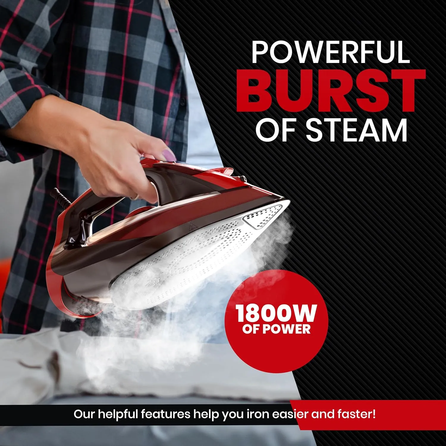 Utopia Home Steam Iron for Clothes - Non-Stick Soleplate - 1800W Clothes Iron With Auto-Off Safety Feature - Adjustable Thermostat Control, Variable Steam Control, Self-Clean, 8 Feet Cord (Black/Red)