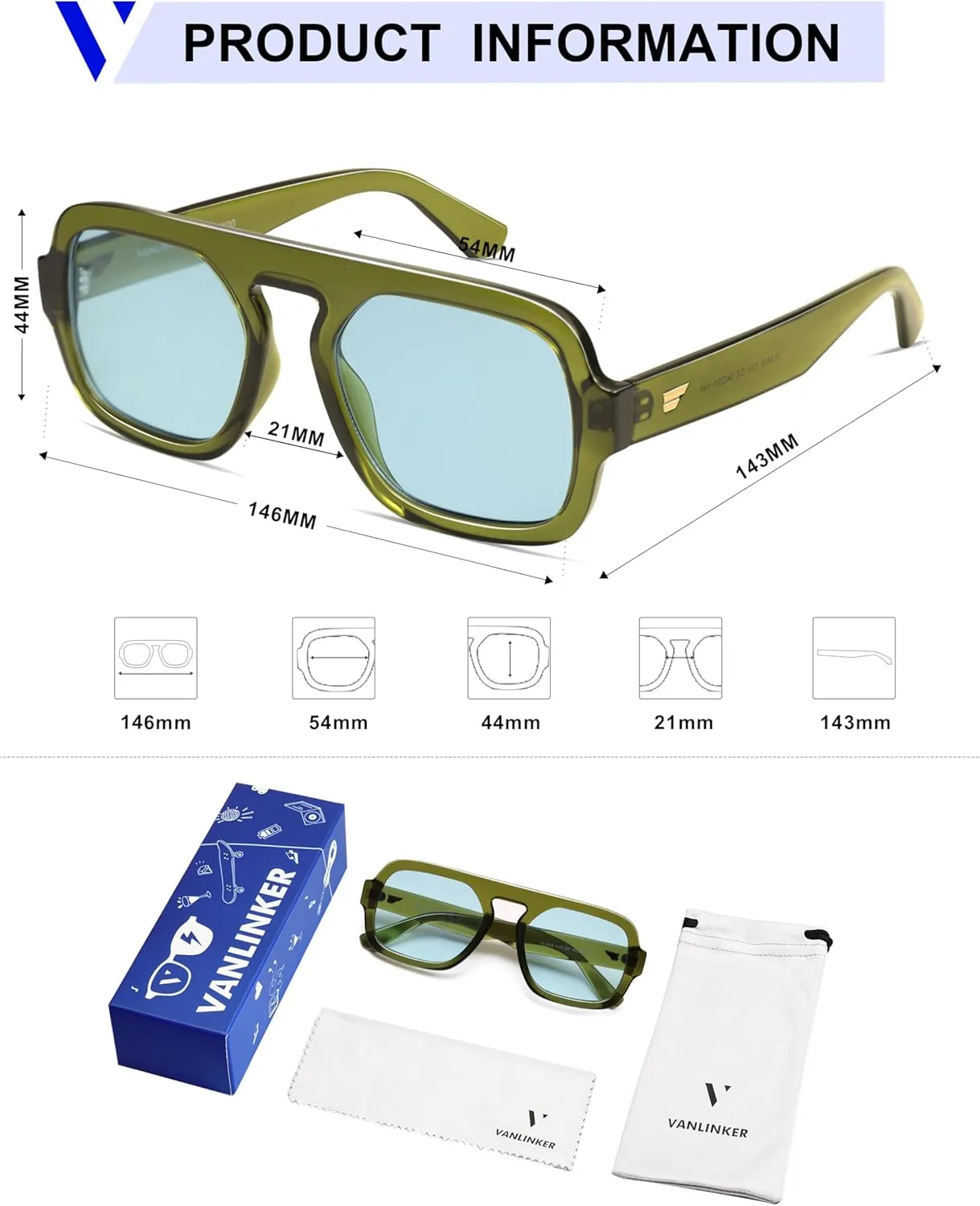 VANLINKER Retro Square Aviator Sunglasses for Women Men 70s Vintage Style Trendy Flat Top Rectangle Sun Glasses VL9826