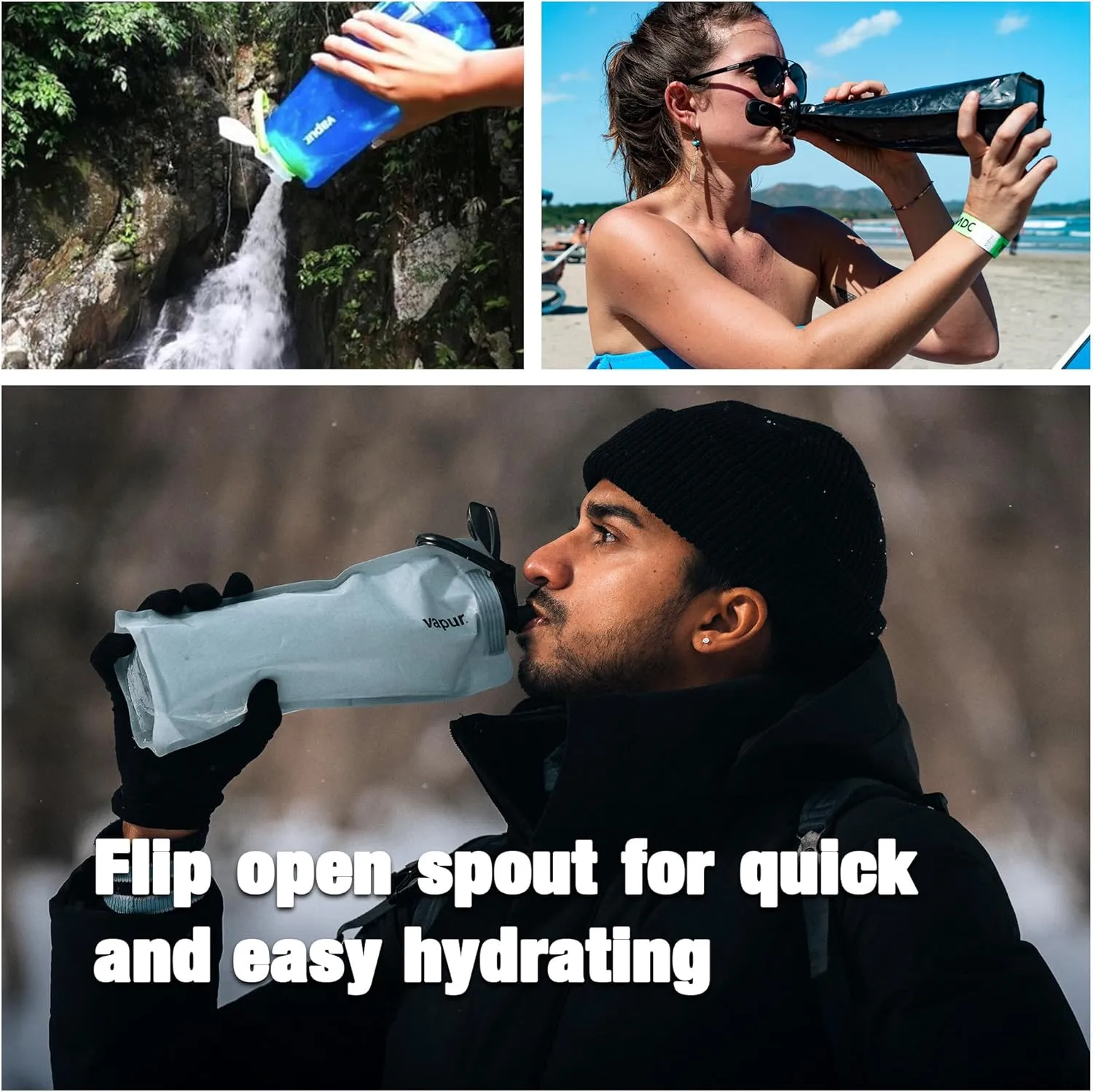 Vapur Flexible, Collapsible Wide Mouth Anti-Bottle with Detachable Carabiner, 23 Ounce, Water, Pack of 2