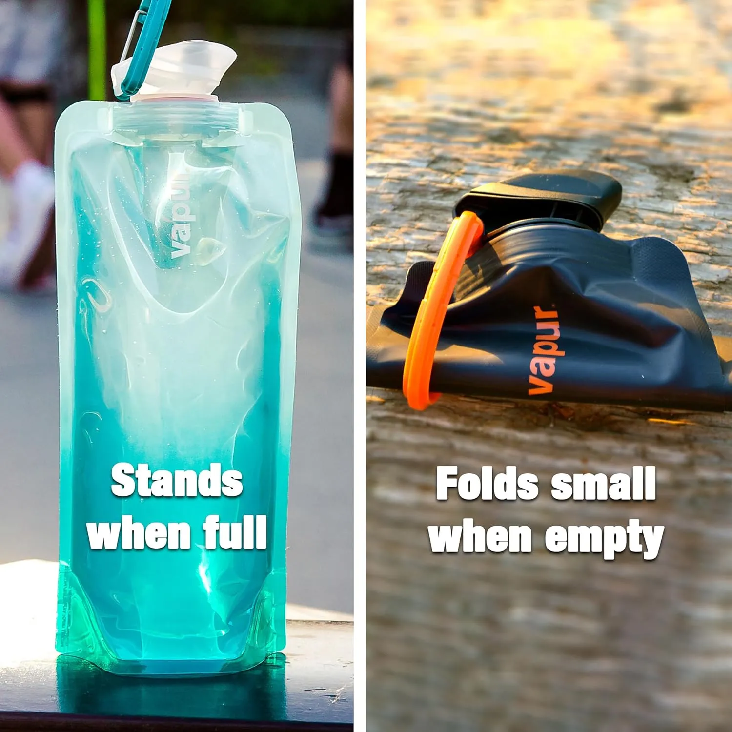 Vapur Flexible, Collapsible Wide Mouth Anti-Bottle with Detachable Carabiner, 23 Ounce, Water, Pack of 2