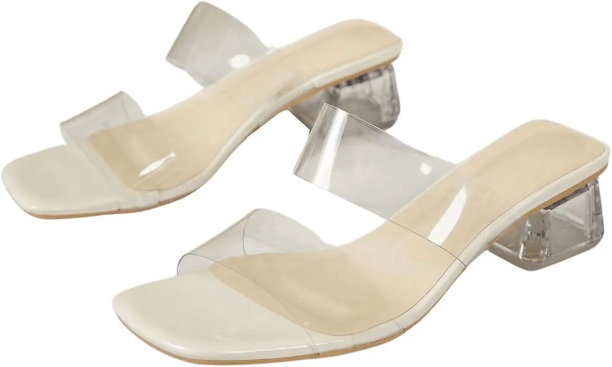 Verdusa Women's Clear Heeled Sandals Square Toe Slip On Chunky Sandal