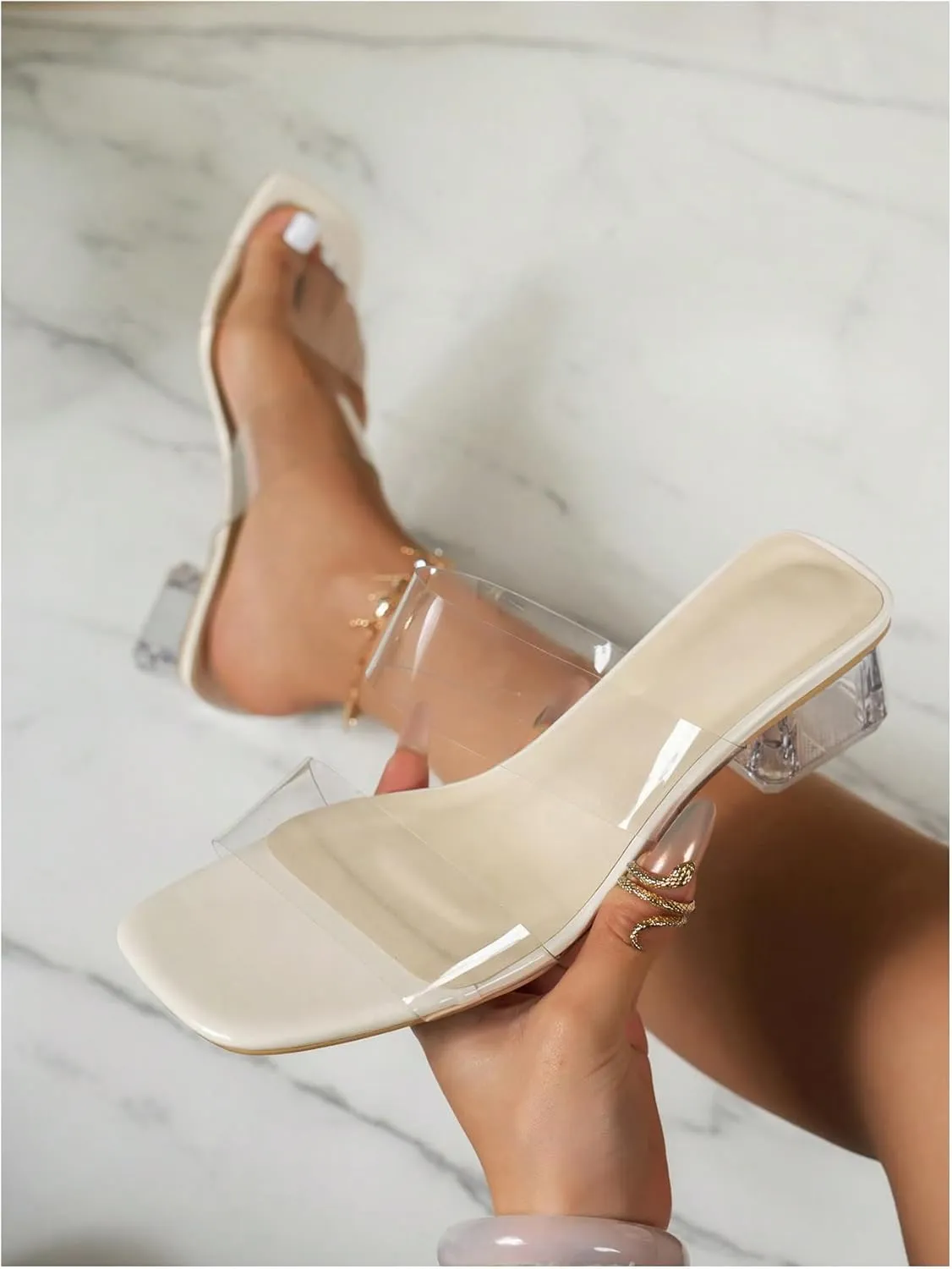 Verdusa Women's Clear Heeled Sandals Square Toe Slip On Chunky Sandal