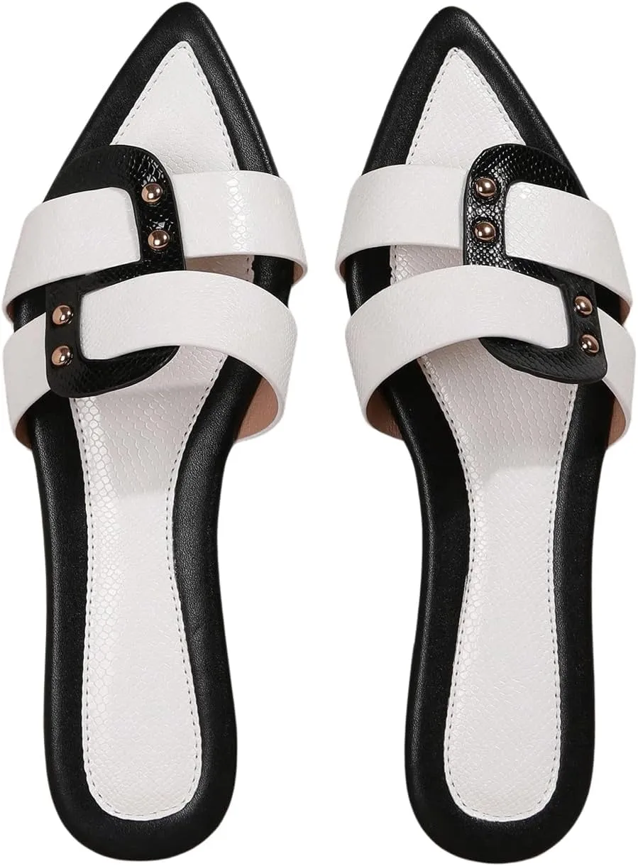 Verdusa Women's Pointed Open Toe Studded Flat Sandal Colo Block Slip On Sandals