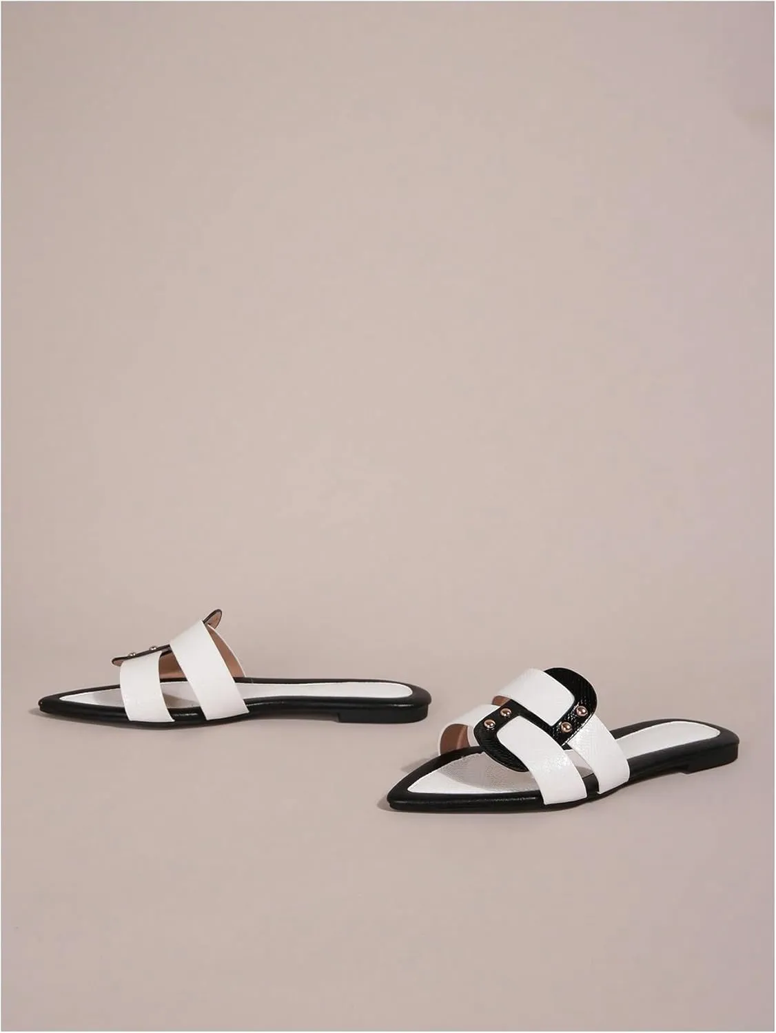 Verdusa Women's Pointed Open Toe Studded Flat Sandal Colo Block Slip On Sandals