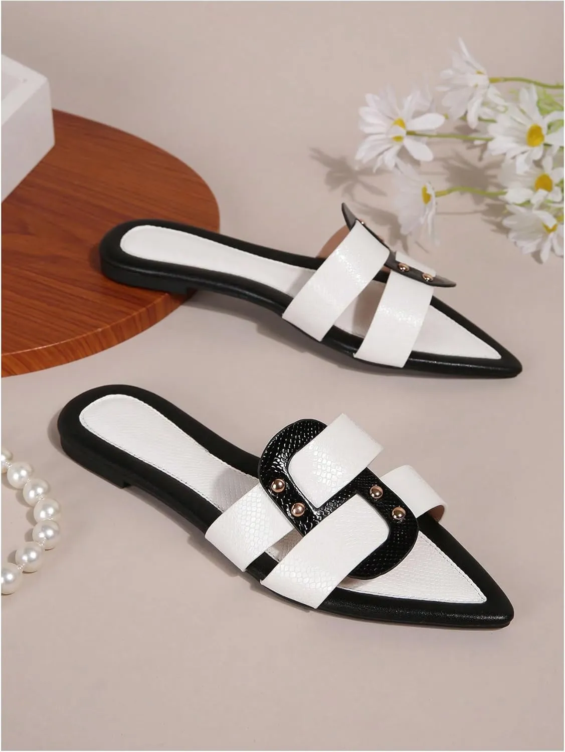 Verdusa Women's Pointed Open Toe Studded Flat Sandal Colo Block Slip On Sandals