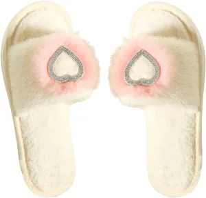 Verdusa Women's Rhinestone Heart Fuzzy Slippers Slip On Open Toe Indoor Home Slipper Shoes