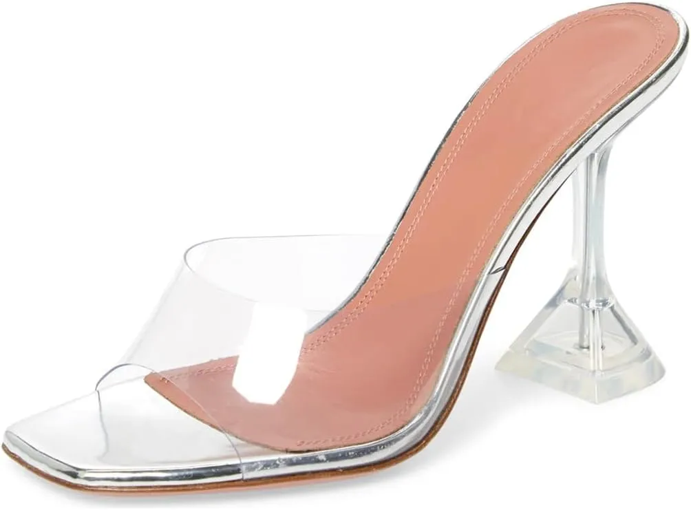 Vertundy Women's Clear Heeled Sandals Transparent Square Toe Mules Martini Stilettos Heels High Slip on Slipper