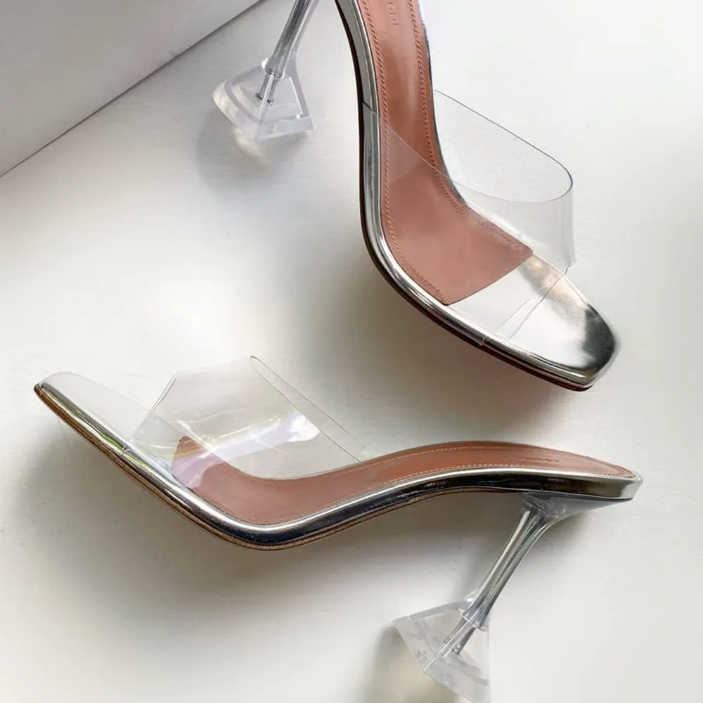 Vertundy Women's Clear Heeled Sandals Transparent Square Toe Mules Martini Stilettos Heels High Slip on Slipper