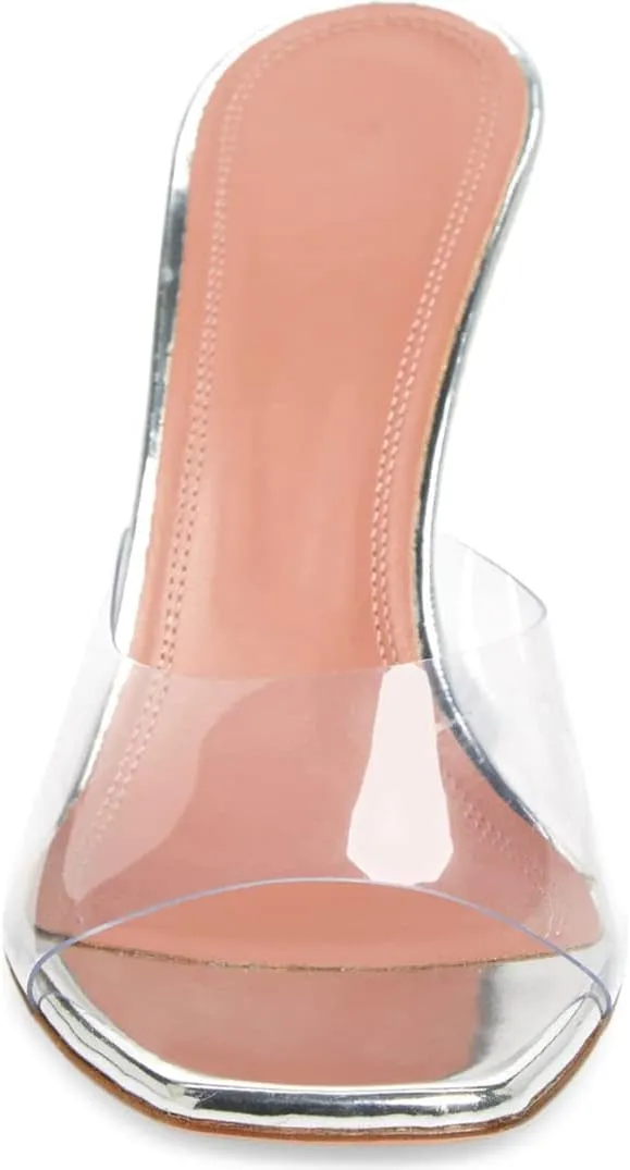 Vertundy Women's Clear Heeled Sandals Transparent Square Toe Mules Martini Stilettos Heels High Slip on Slipper