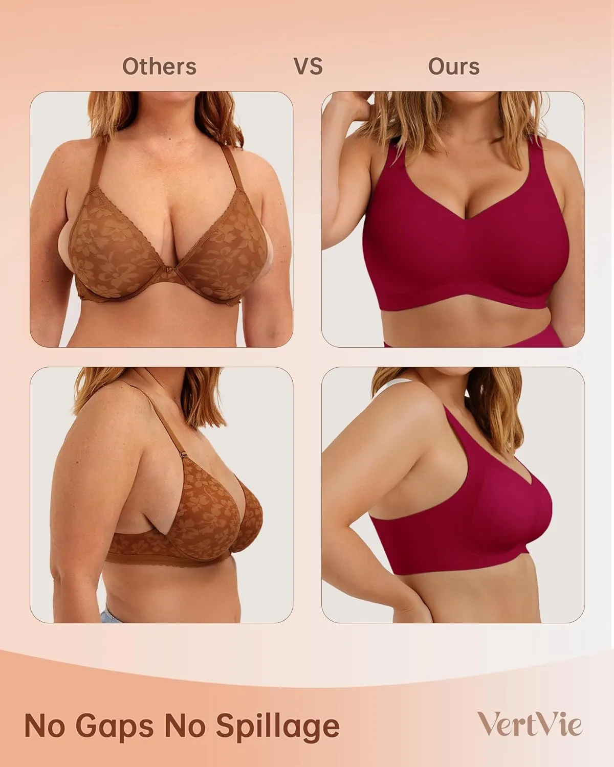 Vertvie Bras for Women No Underwire Wireless Support Bra Underarm-Smoothing Seamless Push Up Full Coverage T-Shirt Sports Bra