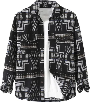 VIEWON Men's Casual Print Button Down Woolen Long Sleeve Lightweight Lapel Western Shacket Jacket Coat