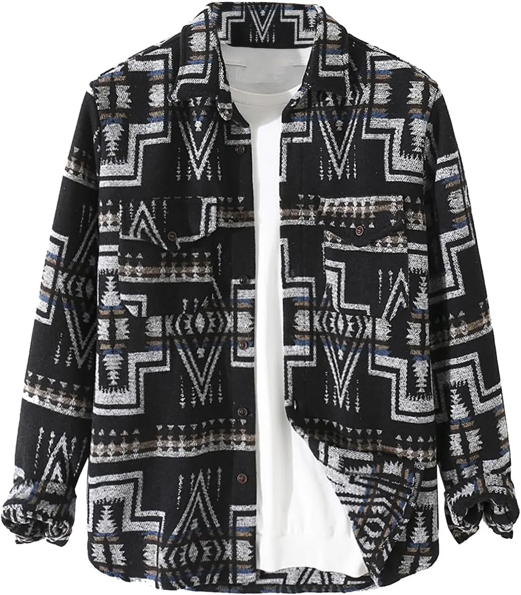 VIEWON Men's Casual Print Button Down Woolen Long Sleeve Lightweight Lapel Western Shacket Jacket Coat