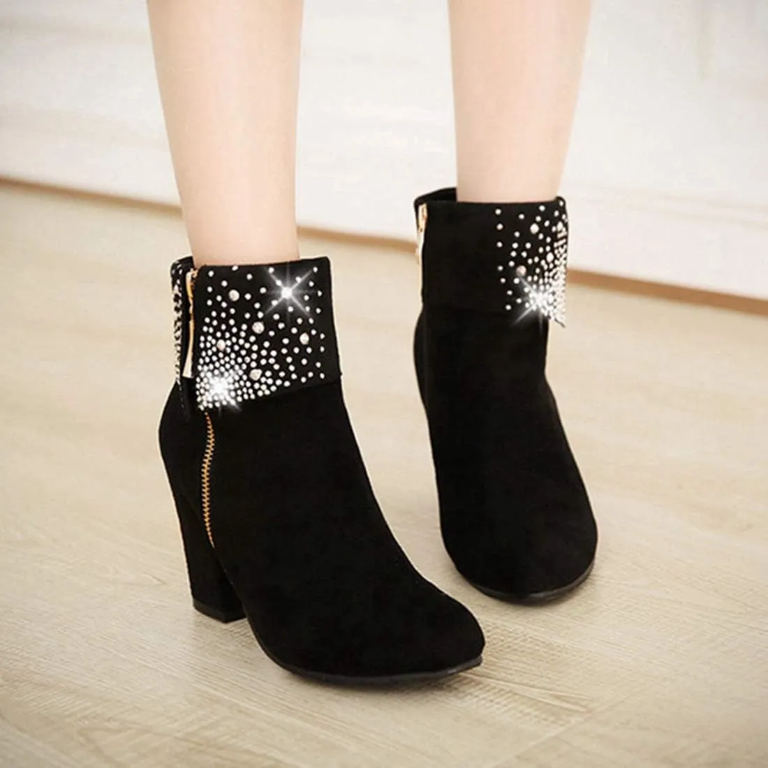 VOKLIN Women's Chunky Block High Heel Ankle Boots Round Toe Suede Zipper Bootie Rhinestone Dress Short Boots