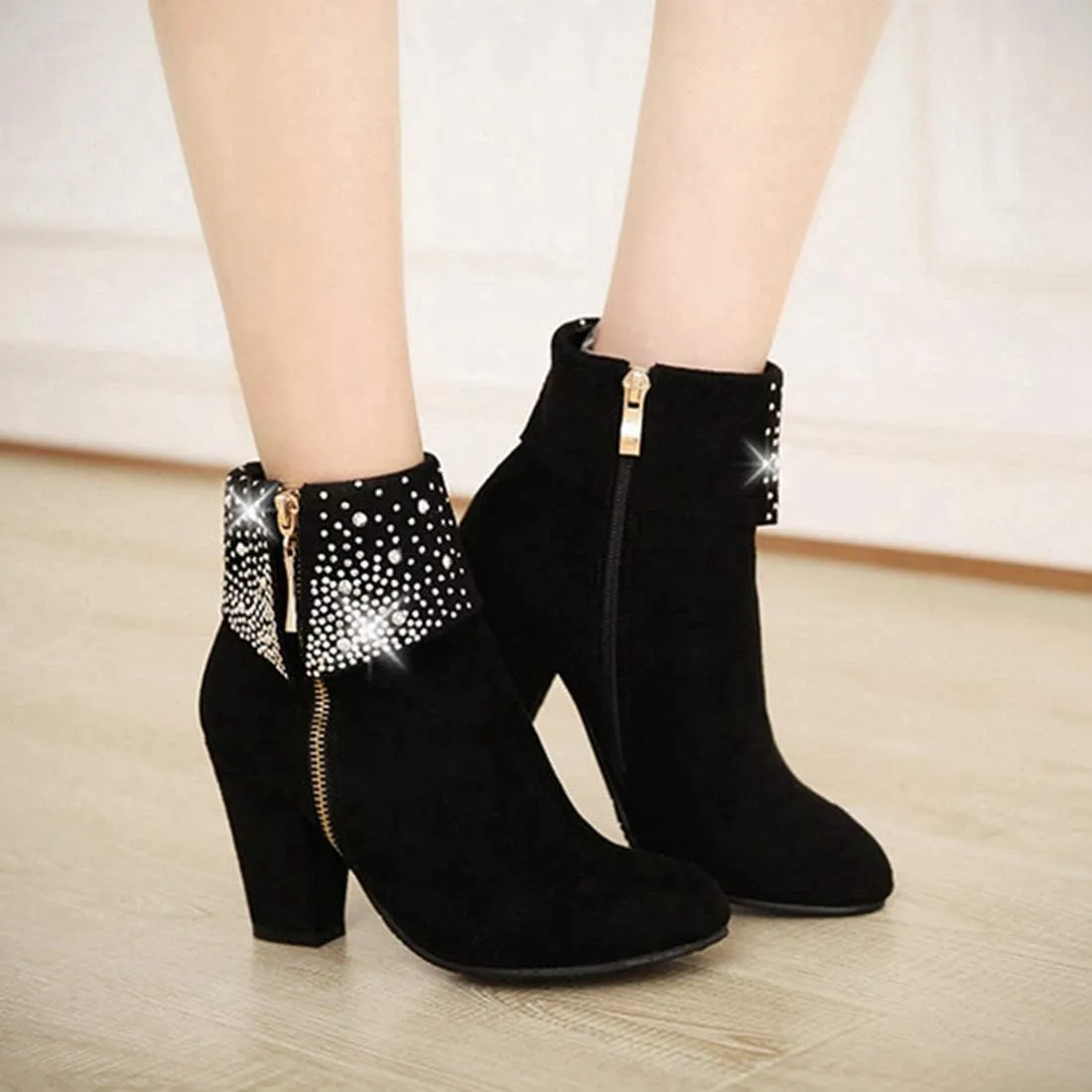 VOKLIN Women's Chunky Block High Heel Ankle Boots Round Toe Suede Zipper Bootie Rhinestone Dress Short Boots