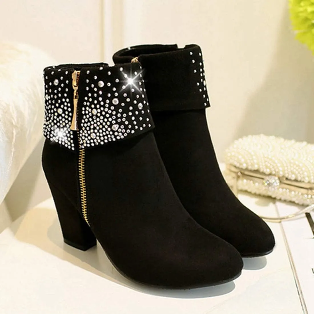 VOKLIN Women's Chunky Block High Heel Ankle Boots Round Toe Suede Zipper Bootie Rhinestone Dress Short Boots