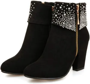 VOKLIN Women's Chunky Block High Heel Ankle Boots Round Toe Suede Zipper Bootie Rhinestone Dress Short Boots