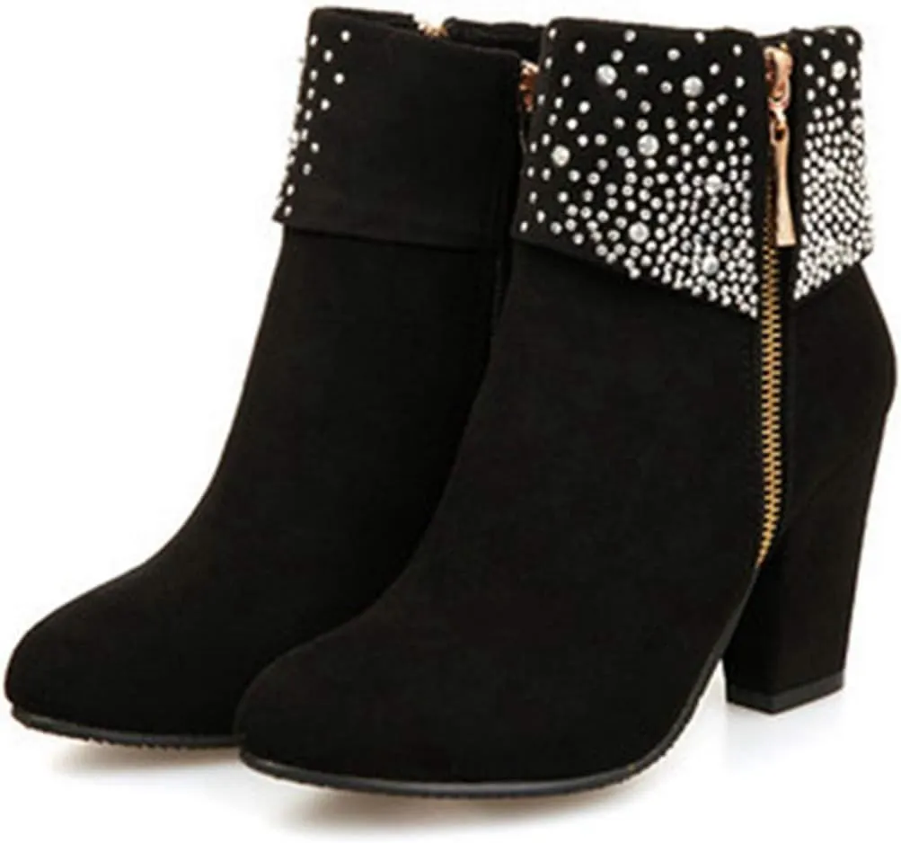 VOKLIN Women's Chunky Block High Heel Ankle Boots Round Toe Suede Zipper Bootie Rhinestone Dress Short Boots