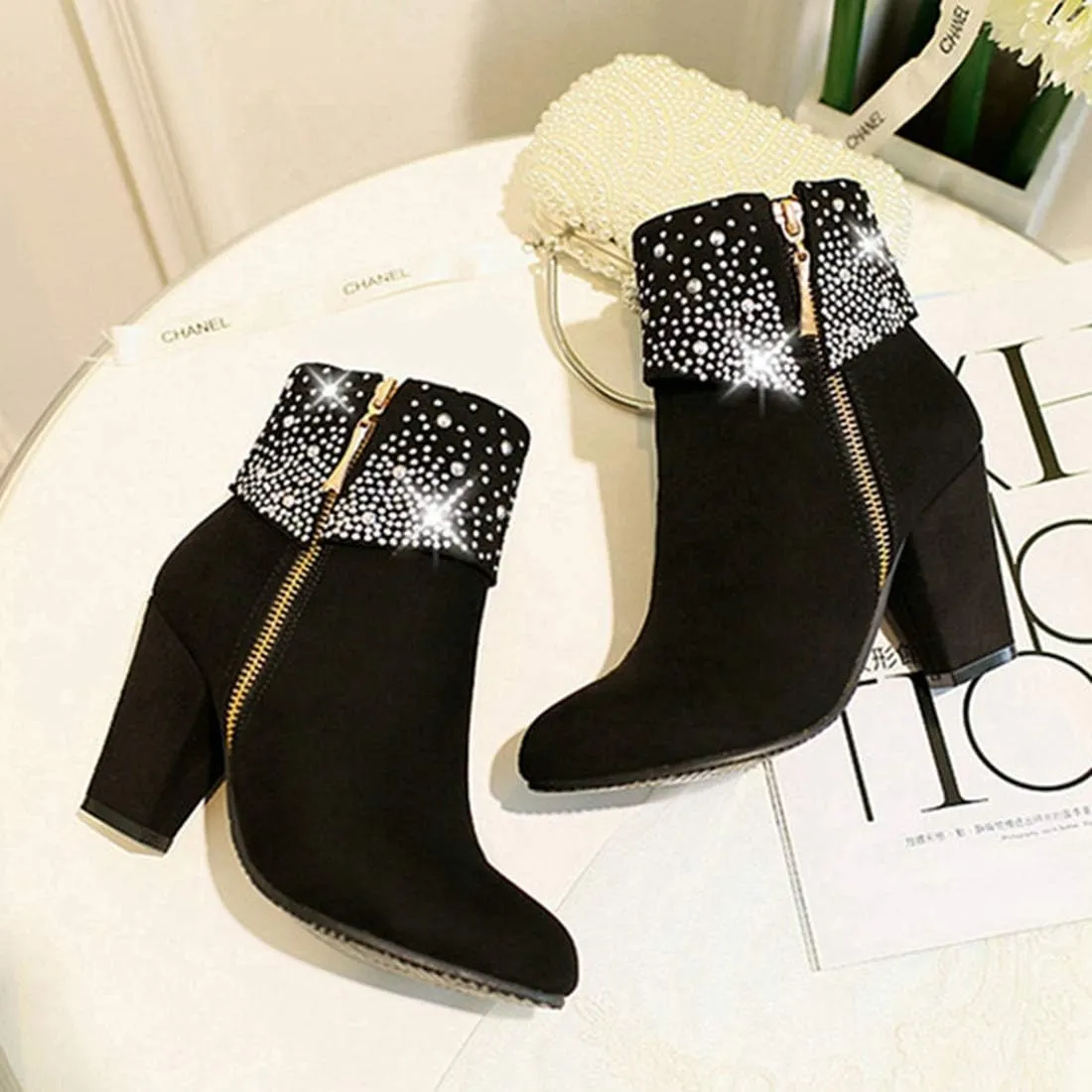 VOKLIN Women's Chunky Block High Heel Ankle Boots Round Toe Suede Zipper Bootie Rhinestone Dress Short Boots
