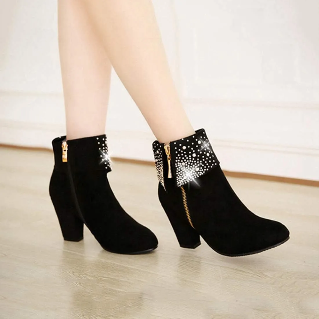 VOKLIN Women's Chunky Block High Heel Ankle Boots Round Toe Suede Zipper Bootie Rhinestone Dress Short Boots
