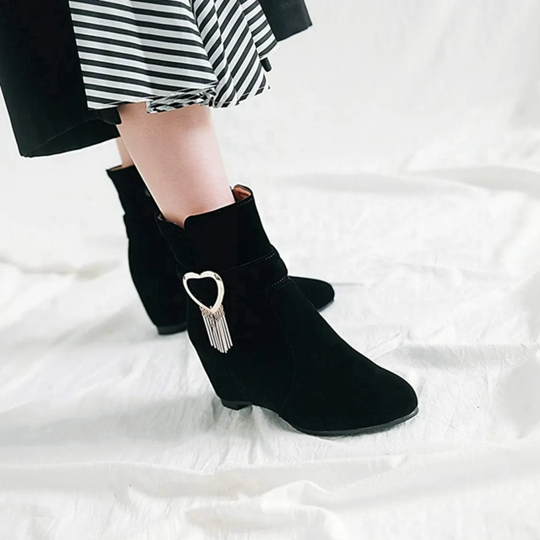 VOKLIN Women's Pointed Toe Wedge Dress Ankle Boots Metallic Suede Zipper Chunky Hidden Heels Short Booties