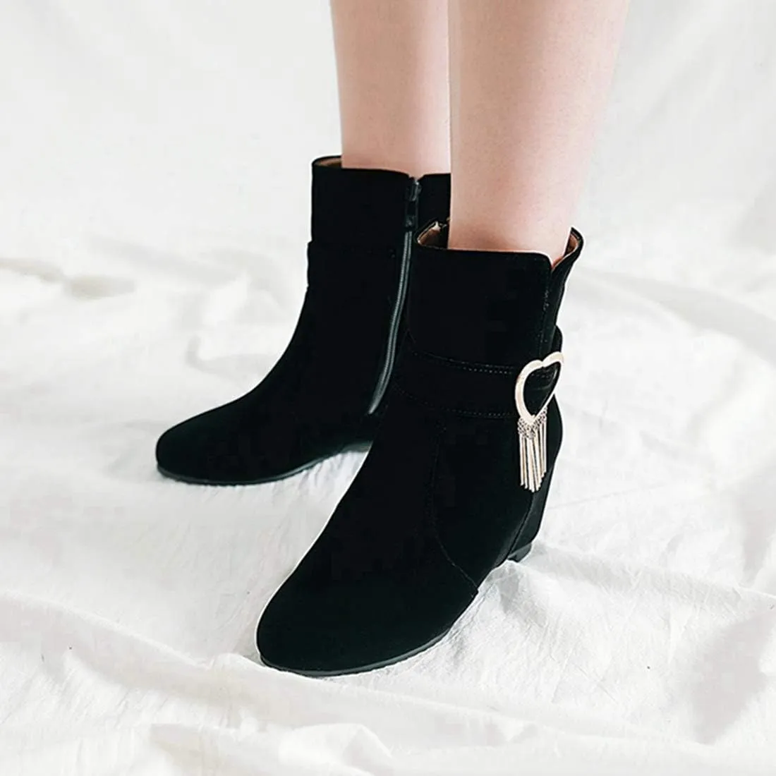 VOKLIN Women's Pointed Toe Wedge Dress Ankle Boots Metallic Suede Zipper Chunky Hidden Heels Short Booties