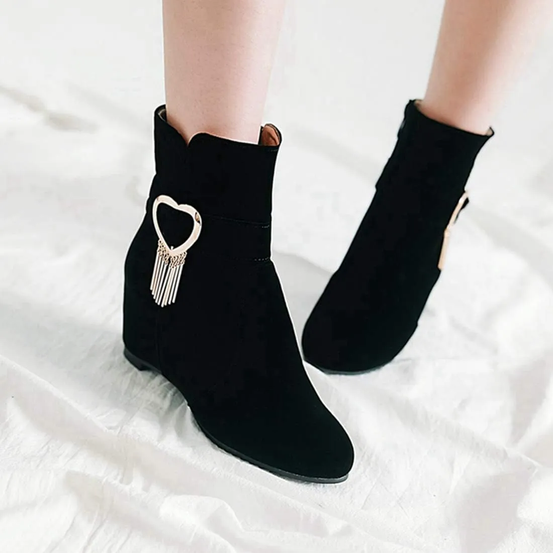 VOKLIN Women's Pointed Toe Wedge Dress Ankle Boots Metallic Suede Zipper Chunky Hidden Heels Short Booties