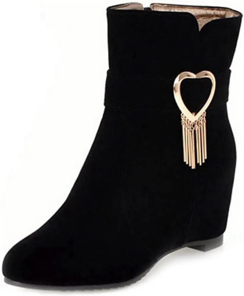 VOKLIN Women's Pointed Toe Wedge Dress Ankle Boots Metallic Suede Zipper Chunky Hidden Heels Short Booties