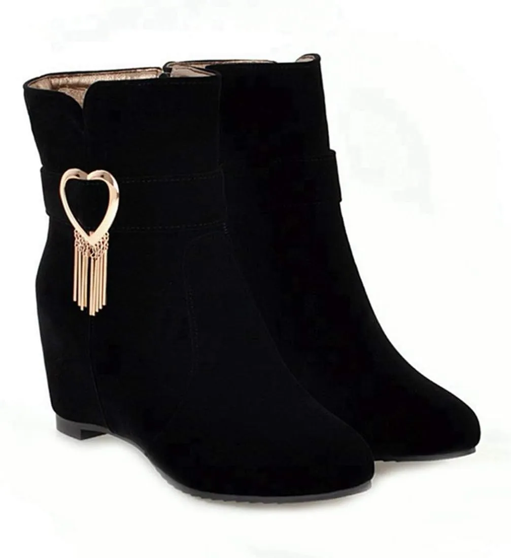 VOKLIN Women's Pointed Toe Wedge Dress Ankle Boots Metallic Suede Zipper Chunky Hidden Heels Short Booties